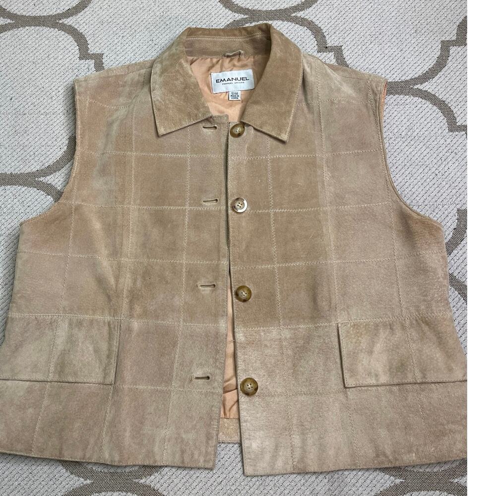 Vintage Emanuel Ungaro leather patch light tan vest button front, size 12